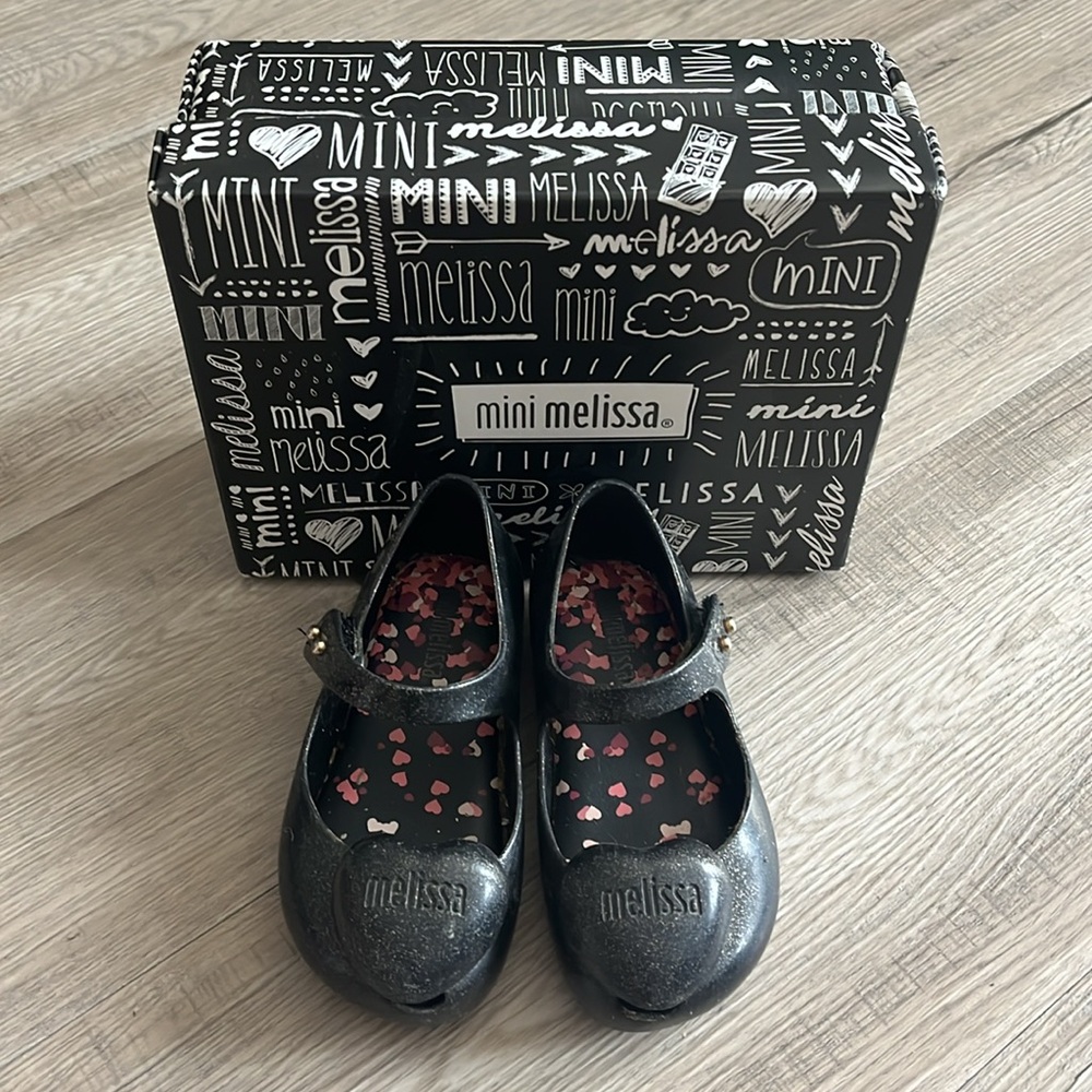 Mini Melissa Toddler 7 baby heart black sparkle glitter mary jane style dressy